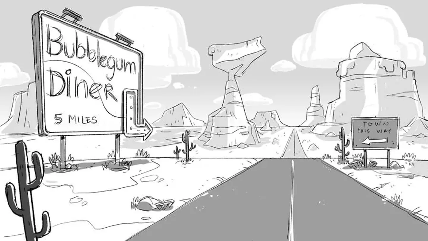 Road and diner environment sketch for Bubblegum Pie