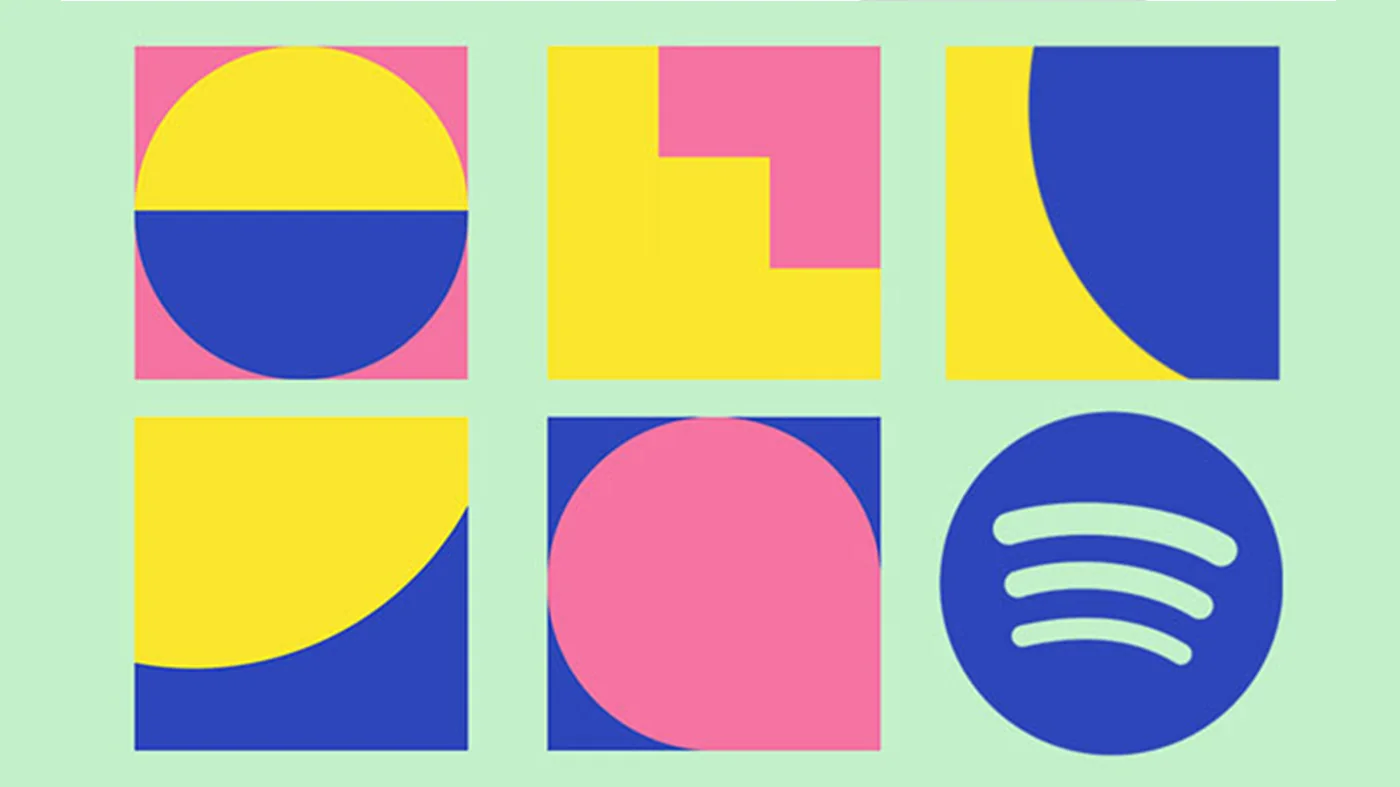 Spotify geometric brand artwork in pink, yellow, blue and mint